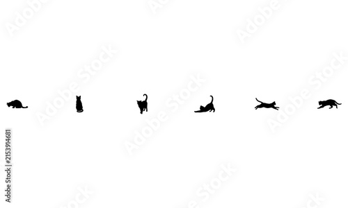 Cat Silhouette Icon Set, Six Cute Feline Poses Including Sitting, Walking, Stretching and Running Vector Collection