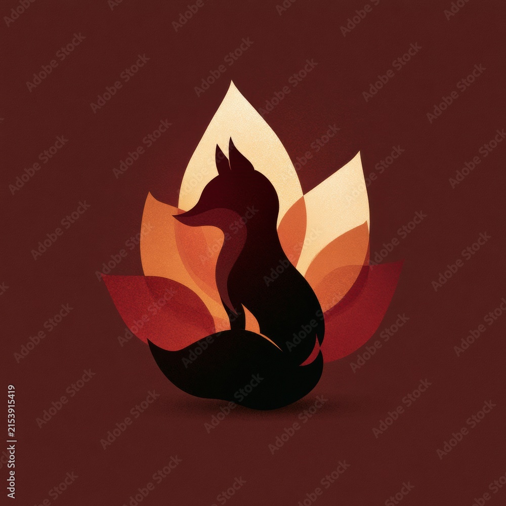 Naklejka premium A fox silhouette rests against glowing leaves. The scene uses a russet gradient. The setting captures the essence of twilight in wildlife.
