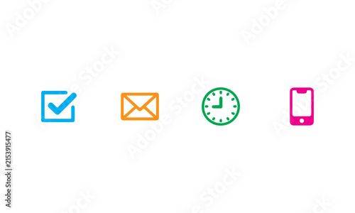 Modern Business Communication Icon Set, Checkmark, Email, Clock and Smartphone Outline Vector Collection
