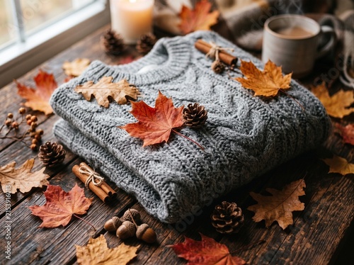 Cozy Gray Knitted Sweater with Autumn Leaves, Cinnamon Sticks, and Coffee Cup on Rustic Wooden Table