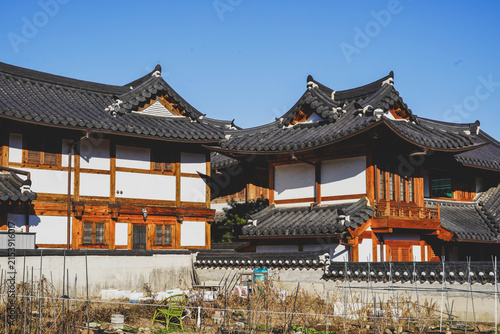 Bukchon Hanok Village in Seoul, South Korea. View of traditional wooden buildings.