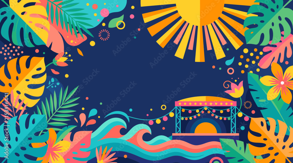 Fototapeta premium Vibrant tropical beach resort illustration with colorful sun and ocean waves border