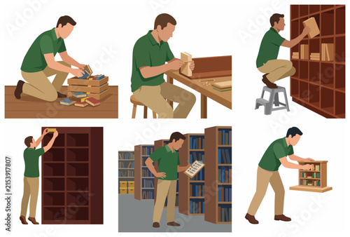Set of illustrations depicting a man organizing books, shelving, and managing library inventory