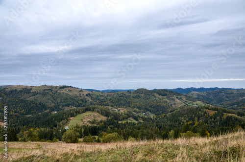 Fotografie Rolling grassy hills and dense forests stretch beneath a wide overcast sky, with scattered meadows and rural clearings creating a peaceful panoramic countryside scene