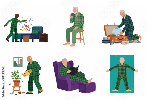 Senior man in checkered pajamas enjoying various retirement lifestyle activities and daily routine flat illustration set