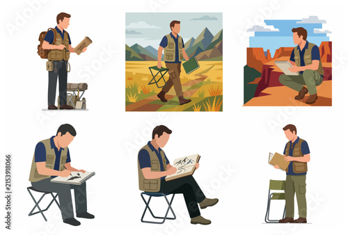 Vector illustration set of a male artist sketching landscapes in nature, plein air drawing in the mountains, outdoor travel hobby character icons.