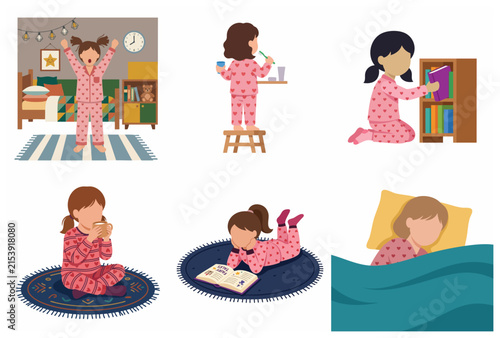 Little girl daily morning and bedtime routine activities flat vector illustration set