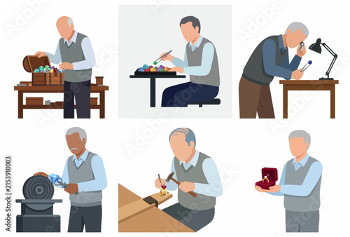 Professional jeweler craftsman making jewelry and polishing gemstones flat vector illustration collection