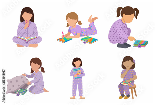 Little Girl Writing and Hiding Her Personal Secret Diary in Pajamas Vector Character Set