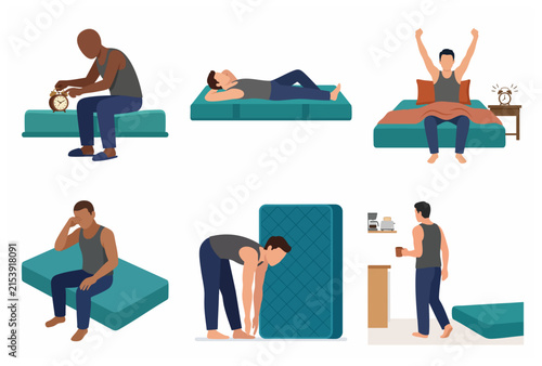 Collection of Man Morning Routine and Sleeping Habits Vector Illustration