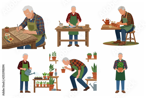 Senior man gardening set, elderly male character planting, watering and caring for indoor plants illustration collection.
