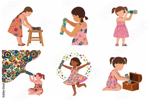 Set of Little Girls Playing with Kaleidoscope Vector Illustration