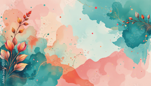 Abstract floral background with colorful leaves and paint splashes creating soft artistic design with warm and cool tones blending beautifully