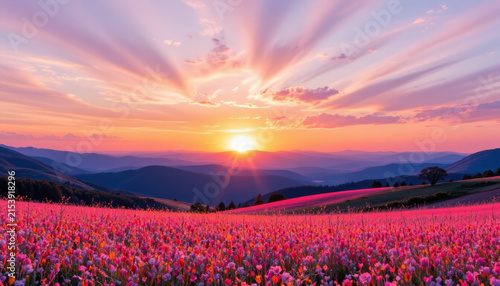 Sunset over vibrant pink flower field with mountain range in background under colorful sky with radiant clouds