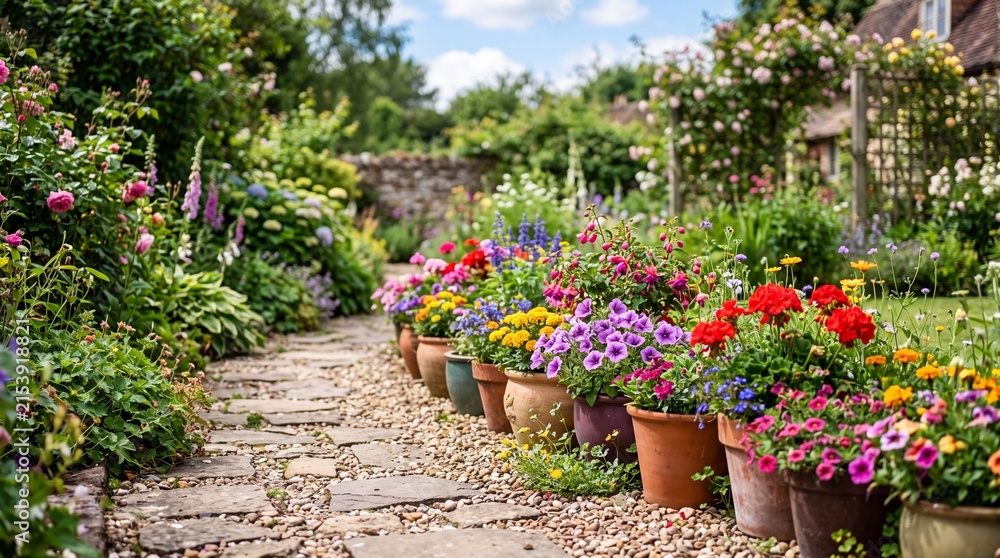 Fototapeta premium Flower Pots Lining a Garden Pathway