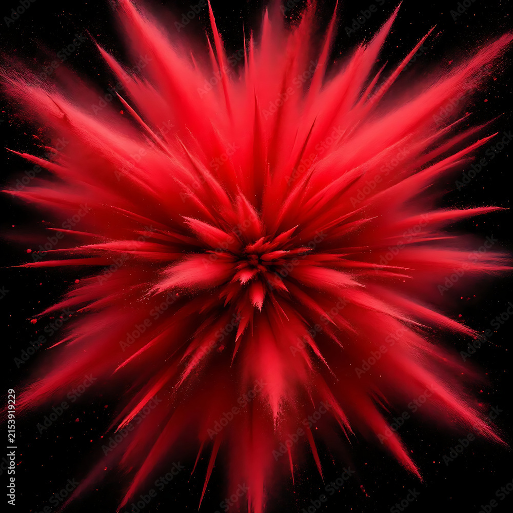 Fototapeta premium Vibrant red firework explosion with dynamic light trails against black night sky background