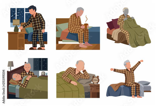 Senior Man Daily Bedtime and Morning Routine Illustration Set with Insomnia and Stretching