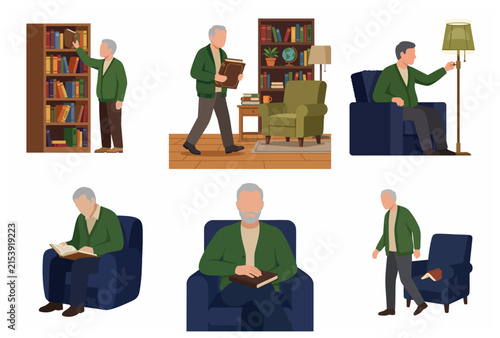 Elderly man character set enjoying reading hobby at home in flat vector style