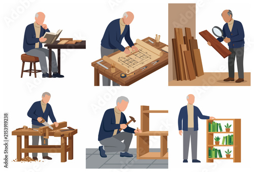Senior Man Woodworking and Furniture Making Set of Illustrations