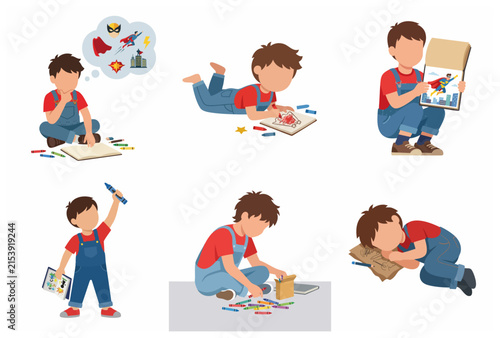 Creative little boy drawing and imagining superheroes set, vector illustration of a child playing with crayons and notebook in various poses.