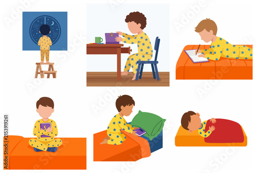 Bedtime routine set of illustrations featuring a boy in star pajamas reading, writing, and sleeping
