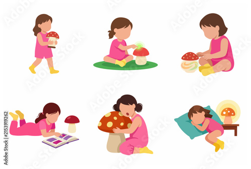 Set of flat vector illustrations featuring a little girl in pink playing with mushroom-themed toys and decor.