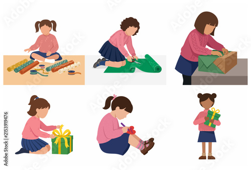 Vector set of little girls wrapping holiday gifts and preparing presents