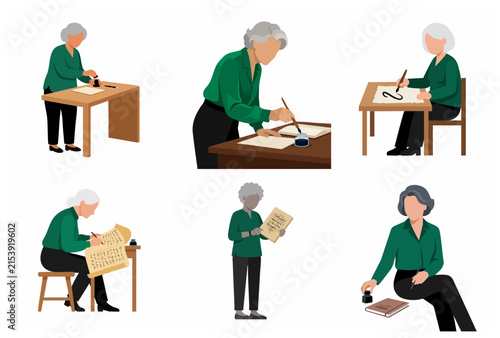 Set of illustrations depicting a senior woman practicing calligraphy and writing with ink on parchment
