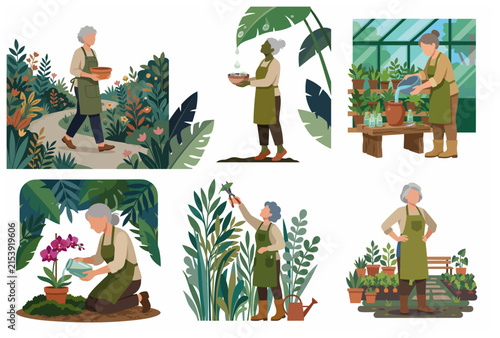 Senior woman gardening character set, flat vector illustration of an elderly lady caring for plants in the garden and greenhouse