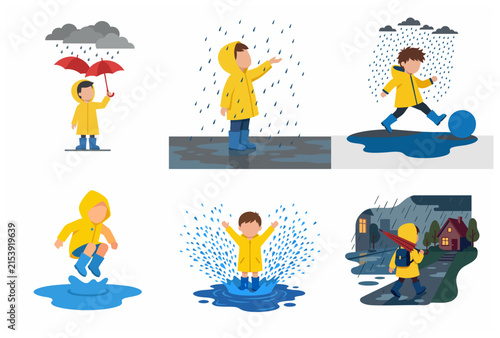 Little Boy in Yellow Raincoat Playing in the Rain Vector Illustrations