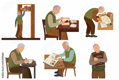 Senior man researching genealogy, documenting family heritage, and archiving memories through old photos and documents. Vector illustration set.