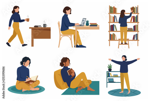 Set of flat illustrations showing a young woman's daily routine, working from home, reading books, and relaxing at home