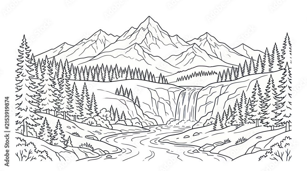 Fototapeta premium High detail mountain waterfall and forest coloring page.