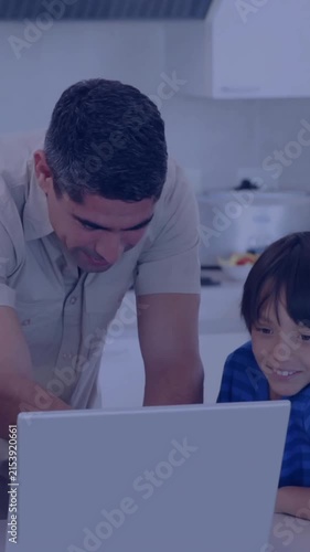 Father and children using laptop, surrounded by digital network animation