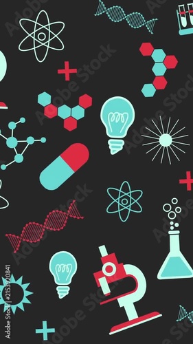 Animation of science items icons on black background