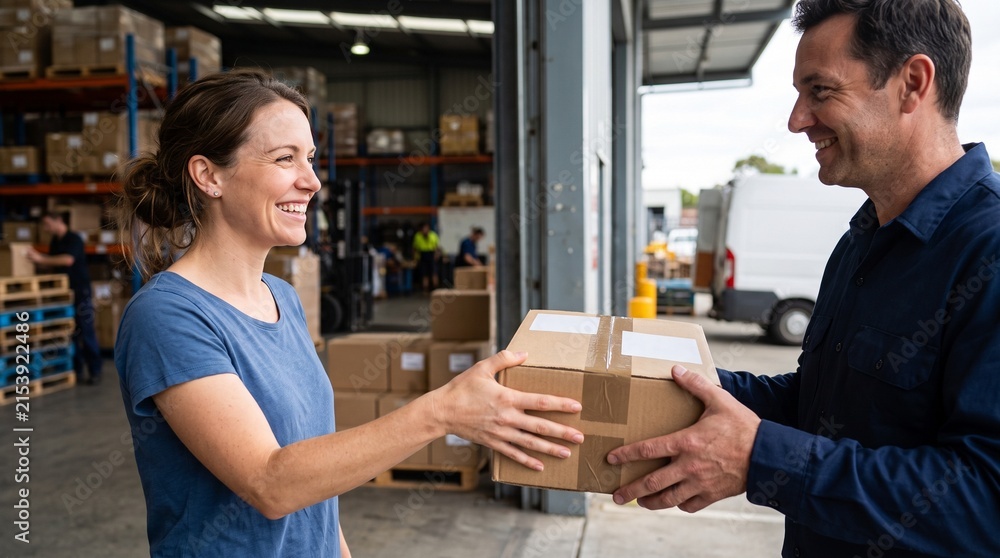Fototapeta premium Warehouse worker hands a package to a smiling woman outside a distribution center