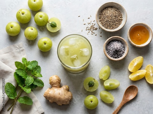Fresh amla juice in a glass with ginger mint and indian gooseberry fruits on a table. Aamla juice recipe
