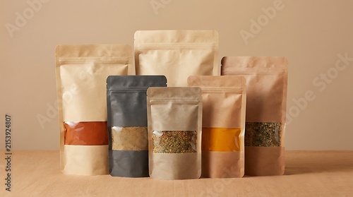 Set of various craft paper pouches with windows for organic food products on a beige background. spice blend bags