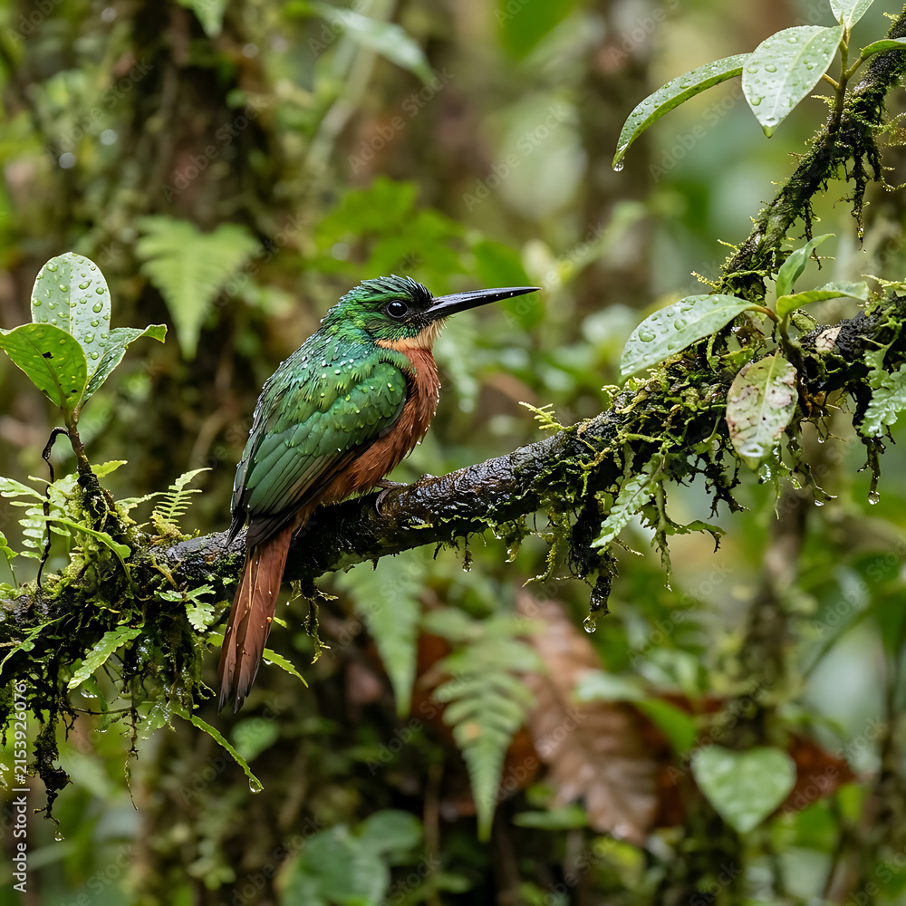 Fototapeta premium Tropical bird resting on a wet branch after rain