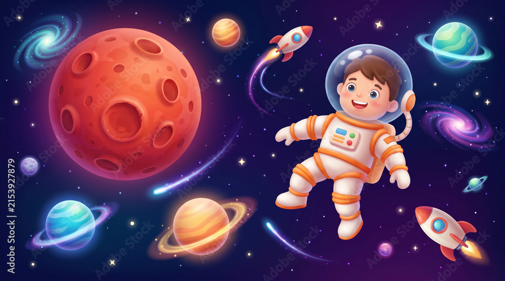 Naklejka premium Cheerful astronaut child floating in vibrant outer space with colorful planets and rockets