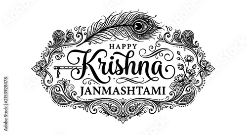 Traditional Krishna Janmashtami black calligraphy vector artwork with peacock feather flute and Indian festival elements