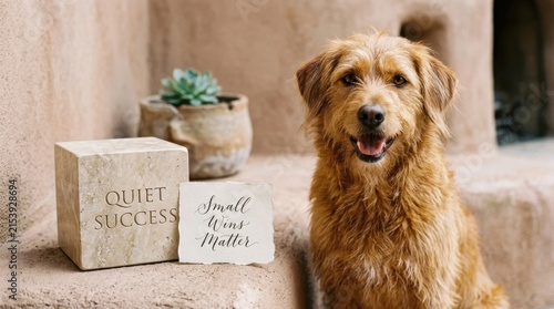 Brown scruffy dog sits calmly next to a success stone and a small wins matter quote card in a warm rustic setting with a succulent plant in the background, providing an inspiring and cozy atmosphere