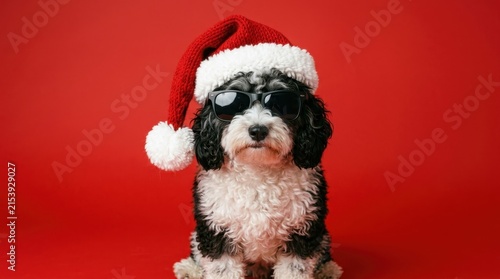 Cute fluffy black and white poodle mix puppy wearing a red Santa Claus hat and dark sunglasses on a solid red background, ideal for merry Christmas cards, funny winter holidays, and festive pet vibes.