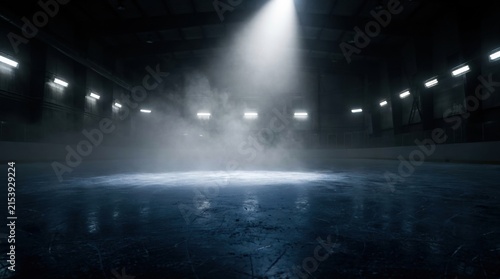 Dark Empty Ice Rink With Artificial Lighting And Foggy Atmosphere