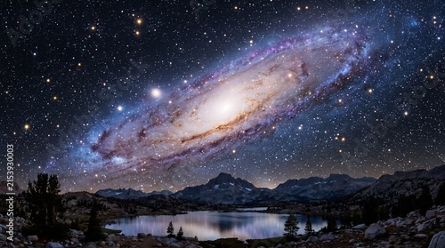 The Andromeda Galaxy fills a 16:9 frame in vivid blue and purple spiral detail — our nearest galactic neighbor as cinematic astronomical art. Ideal for space, science, and wallpaper.