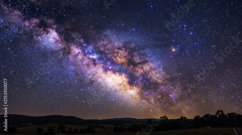 Milky Way, galaxy, galactic core, stars, 16:9, space, astronomy, editorial, vivid purple, blue gold, cinematic, wallpaper, dark sky, astronomical
