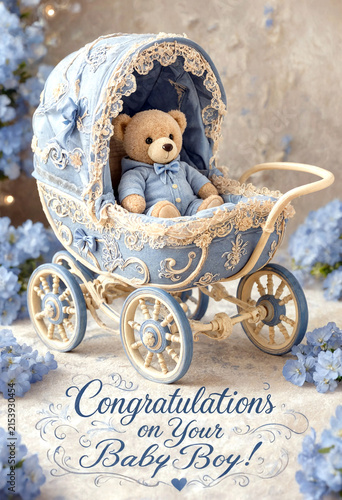 Adorable teddy bear in a vintage blue baby carriage with decorative flowers and congratulations message