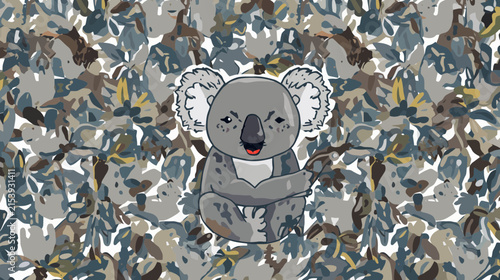 Photography Koala character on camouflage pattern background.