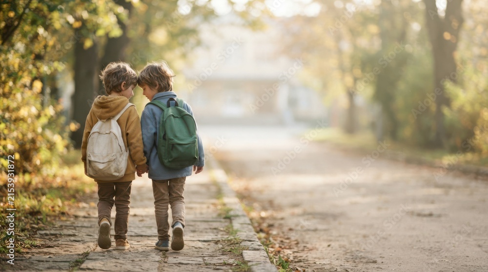 Fototapeta premium Two young boys walking to school together on an autumn sidewalk with backpacks representing friendship and childhood