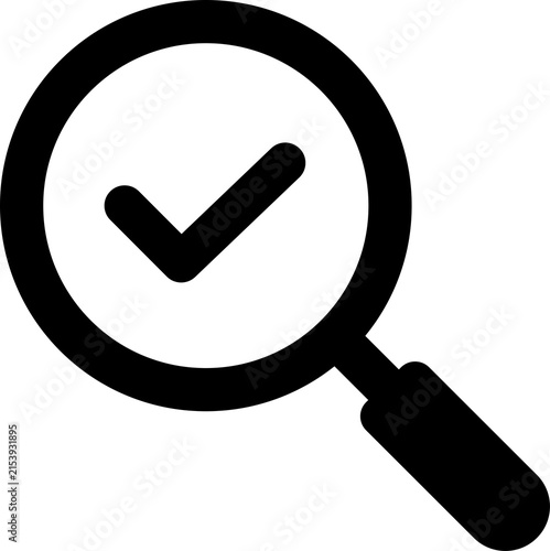Search Check Icon PNG, black magnifying glass with a bold checkmark inside the lens, verification and search symbol, Isolated on Transparent Background